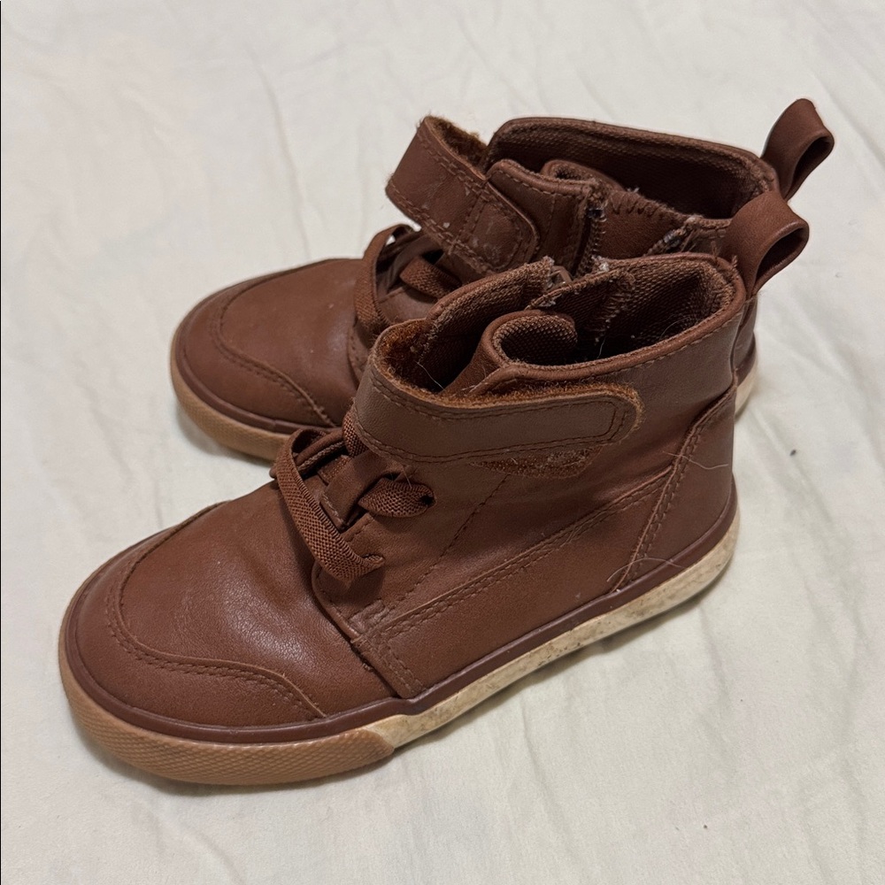 Wonder Nation Size 8 Toddler Kids Brown Faux Leather Zip Up High Top Sneakers